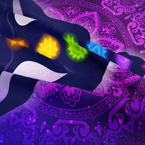 Macro detail of bohemian mandala tapestry featuring glowing seven chakra symbols on purple fabric