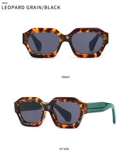 Close-up of leopard grain retro sunglasses showing front and 45-degree side angles
