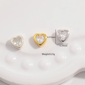 Three S925 silver heart beads with clear zircons in gold, silver, and platinum finishes