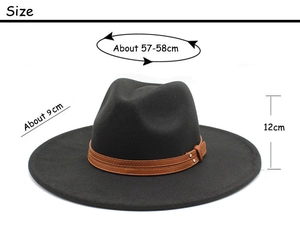 Black wool fedora hat with brown leather band showing size dimensions and measurements