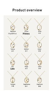 Overview of twelve gold plated sterling silver zodiac necklaces with colorful stones