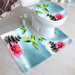 Three-piece bathroom set with Zen pink lotus, pebbles, and green bamboo pattern