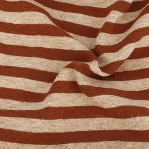 Detailed view of soft striped knit fabric in brown and beige with fine texture