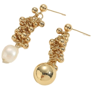 Baroque asymmetrical pearl drop earrings with polished gold beads and long chain detail