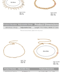 Size guide for gold metal waist chains with pearl accents and shells showing dimensions