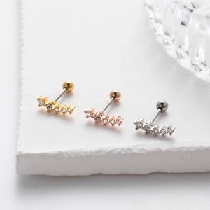 Macro view of curved stainless steel stud earrings with white zircons in gold and silver