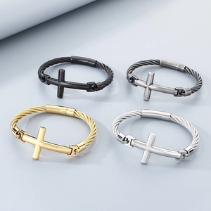 Hip hop punk stainless steel cable bracelet featuring cross charm in four metallic colors