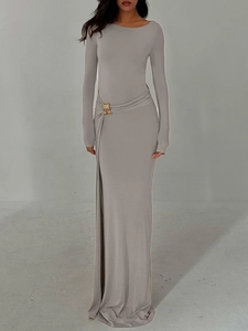 Elegant slim fit light grey maxi dress with round neck, long sleeves and side high slit