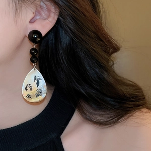 Vintage Chinese style water drop earrings with black beads and mother of pearl pendants