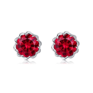 Flower-shaped S925 silver stud earrings with round red lab-grown ruby gemstones
