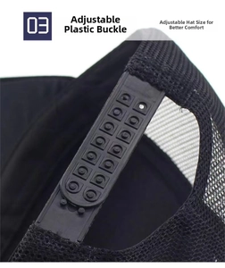 Detail view of adjustable double-row snapback closure on a black mesh trucker cap