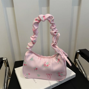 Women Floral Print Underarm Bag Fabric Canvas Ruched Shoulder Strap Bow Knot Zipper Closure Casual Vintage Sweet Style