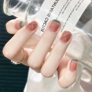 Press On Nails French Style With Artificial Pearls Rhinestones Short Elegant Pink And Green For Women Reusable Artificial