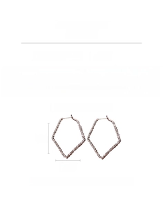 Detail view of large rose gold geometric earrings, copper with silver needles, 50mm x 36mm