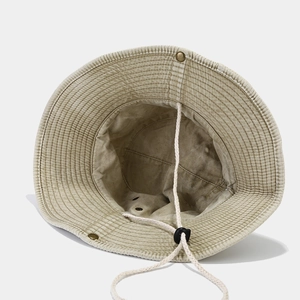 Khaki corduroy sun hat with rhinestone star and adjustable windproof strap for women