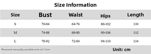Detailed size chart for the summer sexy cutout halter maxi dress showing bust and waist