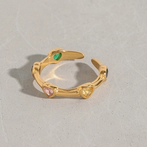 Adjustable gold plated stainless steel ring with colorful heart shaped zircon stones
