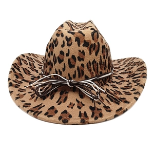 Detailed view of leopard print felt cowboy hat with decorative braided rope band