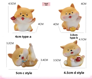 Detailed dimensions of four miniature resin Shiba Inu figurines for car and cake decoration