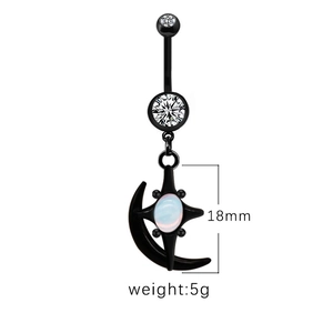Piercing de nombril noir lune et étoile avec opale et zircon, longueur 18mm et 5g