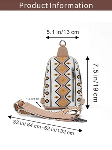 Detailed size chart for bohemian canvas crossbody bag with dimensions and strap length