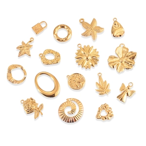 Collection of golden stainless steel pendants in flower, leaf, and star shapes for DIY jewelry