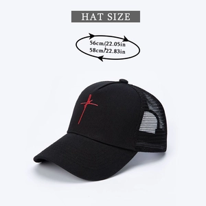 Retro black trucker hat with red cross embroidery and breathable mesh, adjustable size