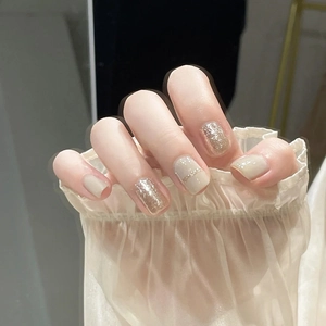 Press On Nails Short Square Artificial Fingernails Creamy White Gradient Glitter Gold Line Glossy Manicure For Women