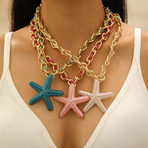 Bohemian multilayer necklace set with colorful resin starfish pendants and chunky gold chains