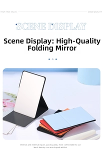 Close-up of portable tri-fold makeup mirrors in various colorful PU leather covers