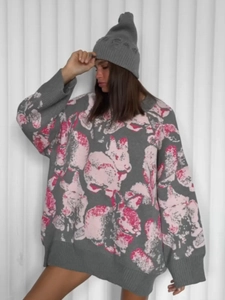 Loose knit sweater with pink rabbit jacquard design for women in grey and pink color
