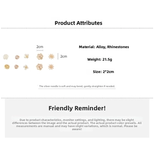 Detailed size specifications for gold and pearl stud earrings set with crystal accents