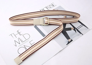 Detailed view of brown and beige striped canvas belt with double D-ring buckle