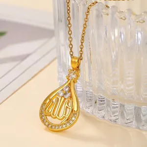 Fashion Waterdrop Allah Pendant Necklace Inlaid Rhinestone Religious Khanda Symbol Gold Plated Copper Jewelry For Women