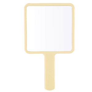 Cat-shaped handheld makeup mirror in light yellow with a sleek square glass face