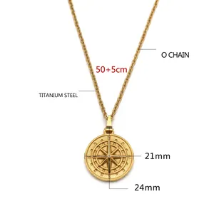 Golden titanium steel compass pendant necklace with 50+5cm O-chain for women