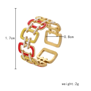 Elegant gold-tone square hollow ring with colorful enamel inlay and dimension markings