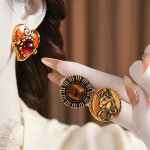 Vintage resin heart earrings with enamel gold accents and gemstone details for women