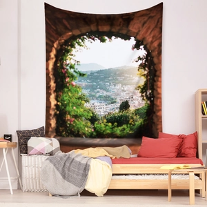 Detail of bohemian landscape tapestry with 3D stone arch and coastal town view