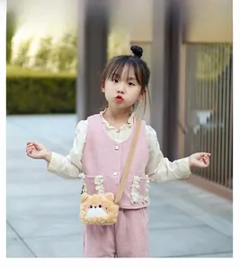 Pink waffle knit vest and trousers set with a cute plush bear crossbody bag