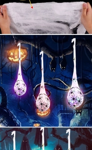 Detail of glowing Halloween spider egg sacks with purple lights and spider web texture