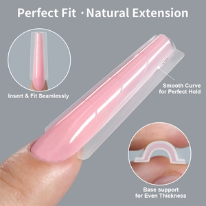 Macro side view of clear dual nail forms showing natural extension and seamless fit