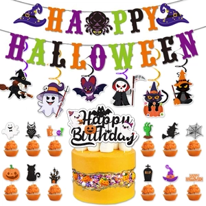 Detailed Halloween party set with banners, spooky swirls and themed cupcake toppers