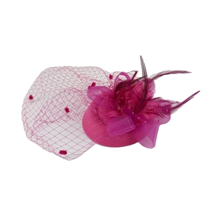 Elegant rose pink fascinator hat with vintage mesh veil and feathers for weddings
