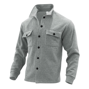 Detail view of grey casual fleece shacket featuring chest pockets and black buttons