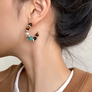 Vintage bohemian C-shape hoop earrings with tiger eye stones and turquoise beads