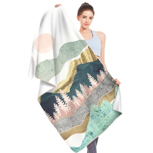 Artistic landscape microfiber beach towel featuring mountain and forest prints