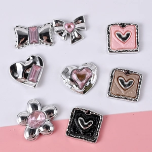 DIY resin accessories set with silver metal finish and colorful rhinestone heart and flower shapes