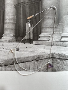 Detail of silver swallow necklace featuring purple gemstone teardrop on magazine background