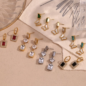 Vintage Stainless Steel 18K Gold Plated Butterfly Dangle Earrings With Square Zirconia Shell Inlay Geometric Jewelry For Women
